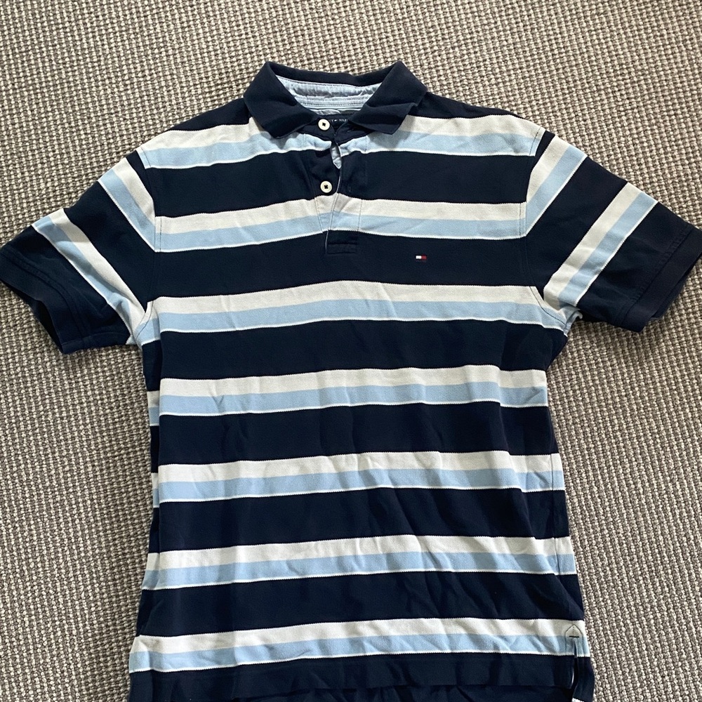 Tommy Hilfiger Men's Blue and White Striped Polo